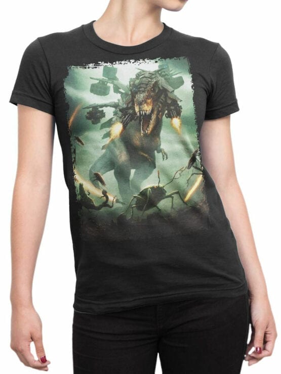 0701 Dinosaur T Shirt T Rex vs Insects Front Woman
