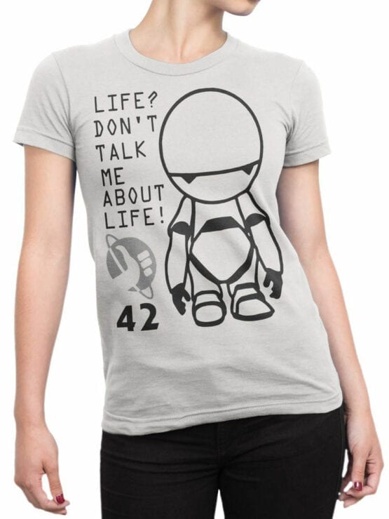 0958 The Hitchhikers Guide to the Galaxy Shirt Marvin 42 Front Woman