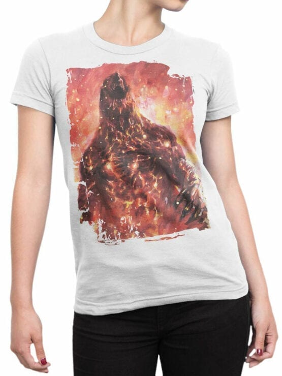 1034 Godzilla T Shirt Fire Front Woman
