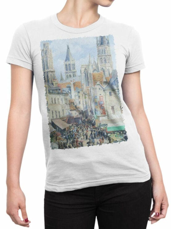 1390 Camille Pissarro T Shirt The Old Market and the Street of Epicerie in Rouen Front Woman