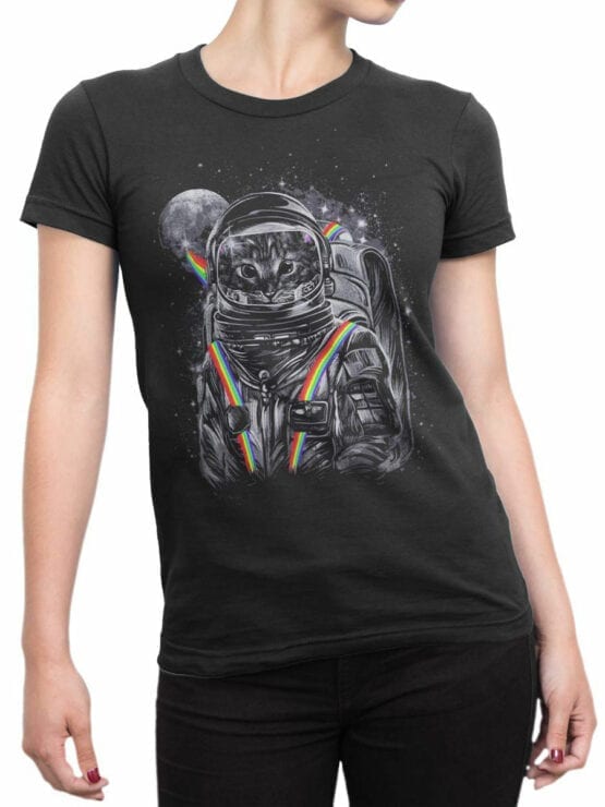 1685 Astro Rainbow Cat T Shirt NASA T Shirt Front Woman