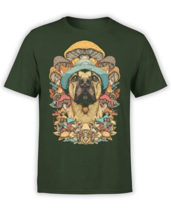 Forest green T-shirt with 'Shroom Patrol' artwork of a serious bulldog wearing a teal bucket hat, surrounded by an intricate array of colorful mushrooms.