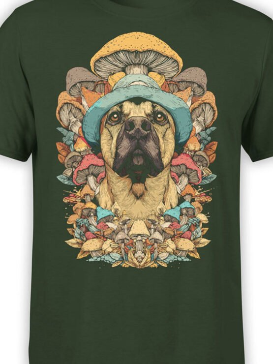 Detailed close-up of the 'Shroom Patrol' graphic showing a bulldog in a teal hat framed by psychedelic mushrooms in earthy and pastel tones.