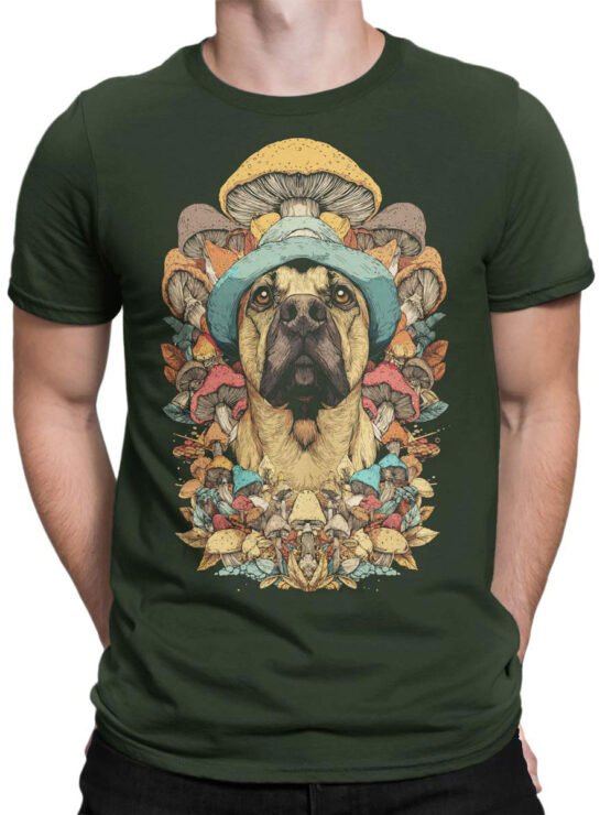 Man wearing the 'Shroom Patrol' T-shirt, featuring a bold mushroom and bulldog design printed on dark green fabric.