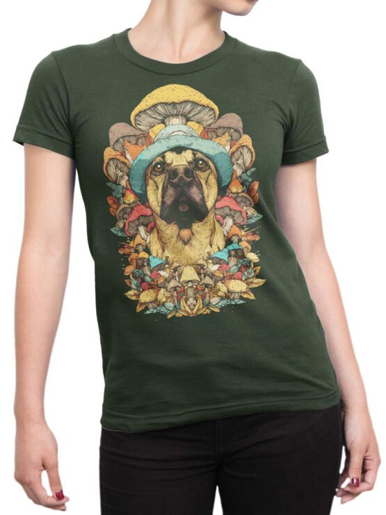 Woman in the 'Shroom Patrol' tee displaying a vivid bulldog and mushroom illustration, ideal for quirky streetwear fashion.