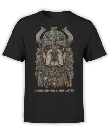 Full view of the Barkbarian T-Shirt with Viking bulldog design on black background
