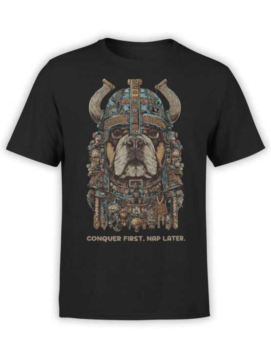Full view of the Barkbarian T-Shirt with Viking bulldog design on black background