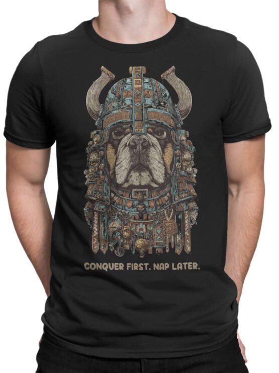 Male model wearing the Barkbarian T-Shirt, showcasing the bold Norse dog warrior artwork