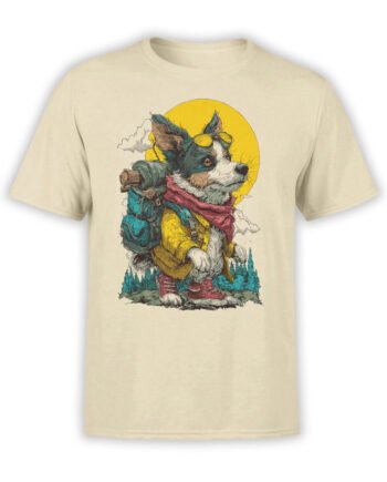 Full view of the Trail Sniffer T-Shirt featuring an adventurous corgi with hiking gear on a beige background