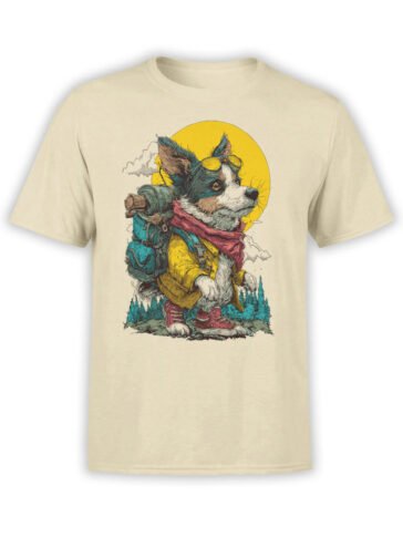 Full view of the Trail Sniffer T-Shirt featuring an adventurous corgi with hiking gear on a beige background