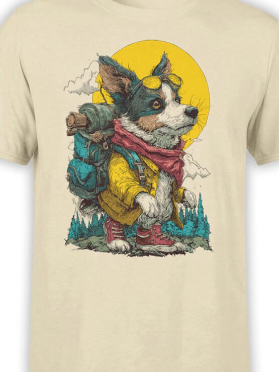 Close-up of the corgi character in colorful trekking attire, including goggles and backpack
