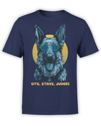 Full view of navy Cool Shepherd T-Shirt featuring blue German Shepherd with sunglasses and retro yellow circle