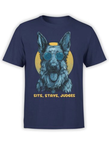 Full view of navy Cool Shepherd T-Shirt featuring blue German Shepherd with sunglasses and retro yellow circle