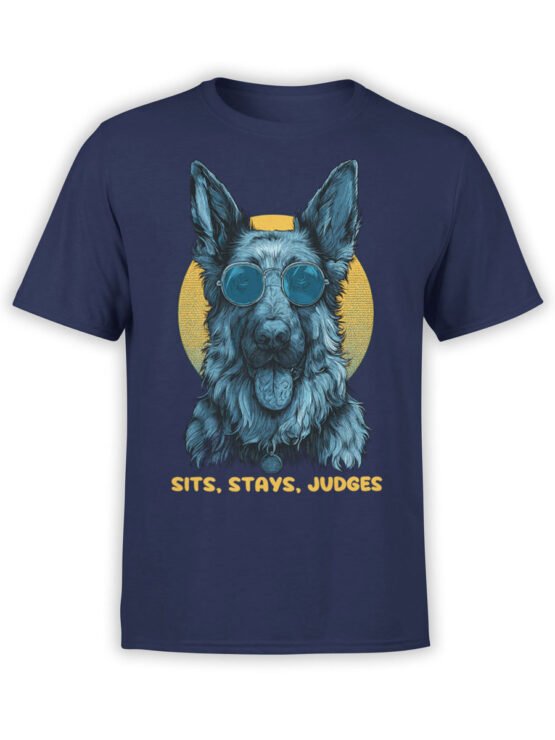 Full view of navy Cool Shepherd T-Shirt featuring blue German Shepherd with sunglasses and retro yellow circle