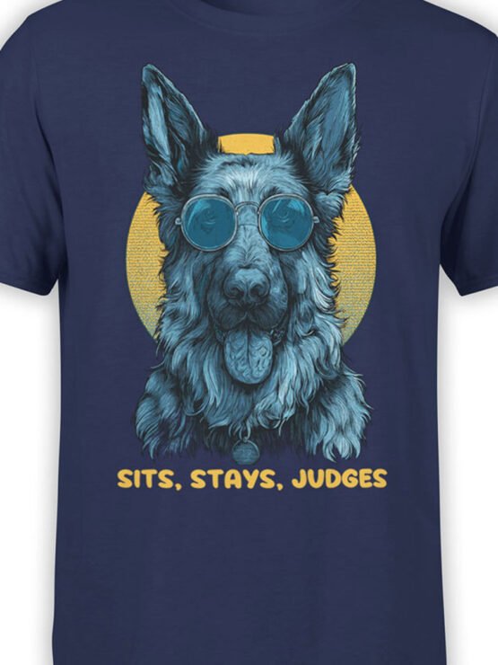 Close-up of German Shepherd dog illustration wearing shades, text “Sits, Stays, Judges”