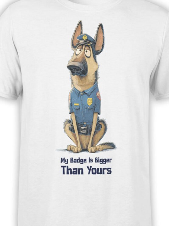 Close-up of Badge Alpha T-Shirt showing German Shepherd cartoon cop artwork