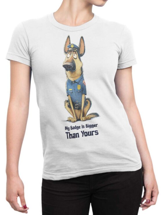 Female model wearing Badge Alpha T-Shirt with German Shepherd cop illustration