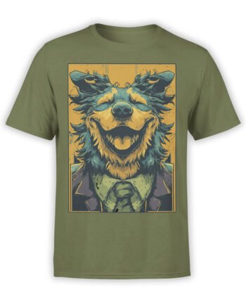 Full view of Happy CEO T-Shirt in olive green with grinning dog in suit