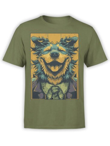 Full view of Happy CEO T-Shirt in olive green with grinning dog in suit