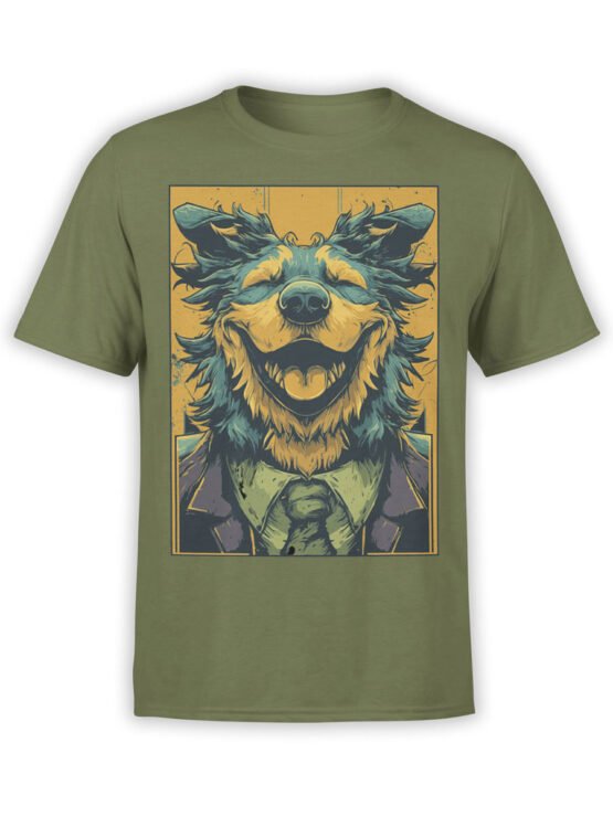 Full view of Happy CEO T-Shirt in olive green with grinning dog in suit