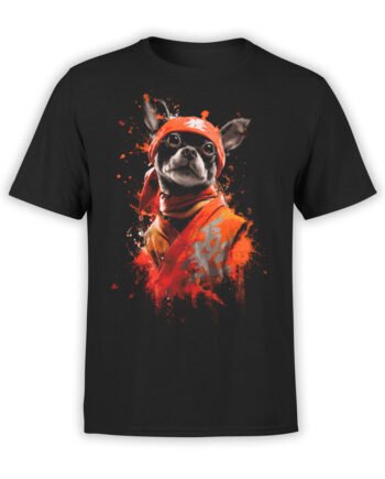 Full view of Bark Sensei T-Shirt featuring intense Chihuahua in orange robes on black
