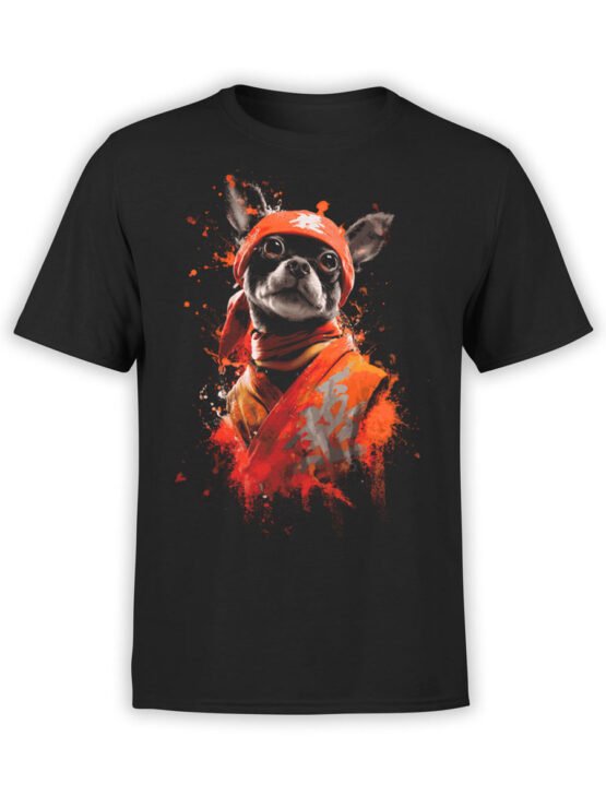 Full view of Bark Sensei T-Shirt featuring intense Chihuahua in orange robes on black