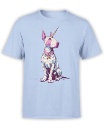 Full view of Bullycorn T-Shirt in light blue, featuring unicorn Bull Terrier in pink accents