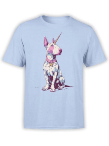 Full view of Bullycorn T-Shirt in light blue, featuring unicorn Bull Terrier in pink accents