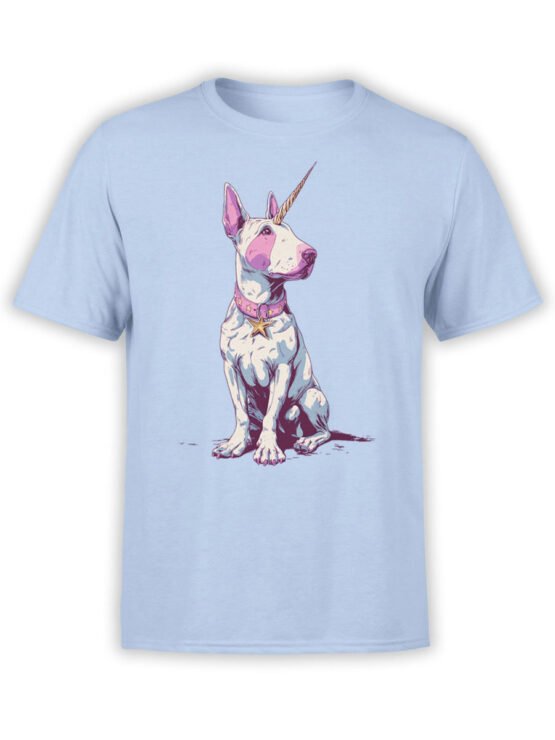 Full view of Bullycorn T-Shirt in light blue, featuring unicorn Bull Terrier in pink accents