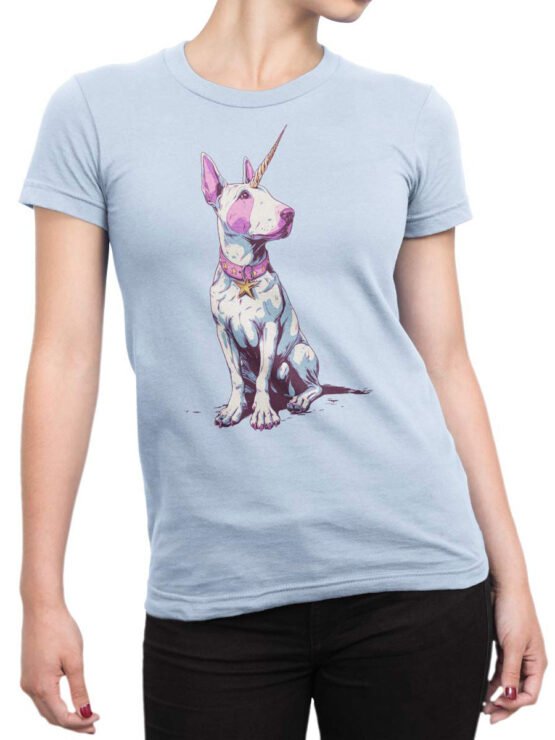 Female model wearing the Bullycorn shirt - pastel joy meets canine charm