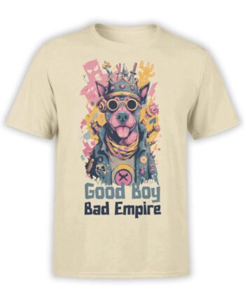 T-Shirt full view featuring Rebel Rover design with crowned dog in steampunk style on beige fabric