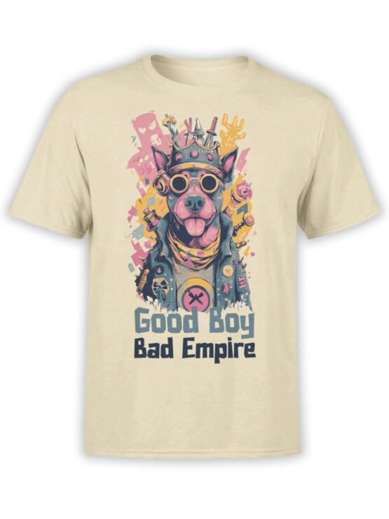 T-Shirt full view featuring Rebel Rover design with crowned dog in steampunk style on beige fabric