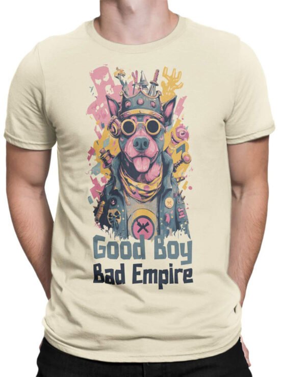 Unisex shirt on male torso styled with jeans, Rebel Rover steampunk dog graphic centered on chest