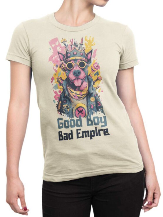 Unisex shirt on female torso showcasing Rebel Rover crowned dog design with street-art flair