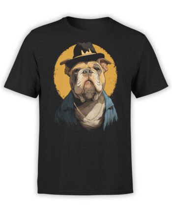 T-Shirt full view showing Boss Bulldog design with stylish fedora and chain on black fabric