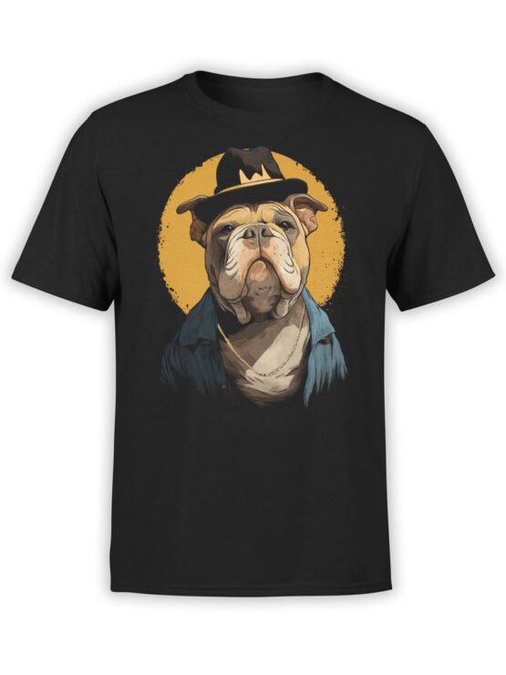 T-Shirt full view showing Boss Bulldog design with stylish fedora and chain on black fabric
