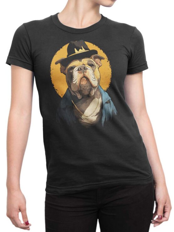 Unisex shirt on female torso featuring Boss Bulldog graphic, bold golden circle accent