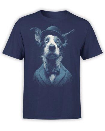 T-Shirt full view featuring Dapper Dog design with border collie in suit and bowler hat on navy fabric