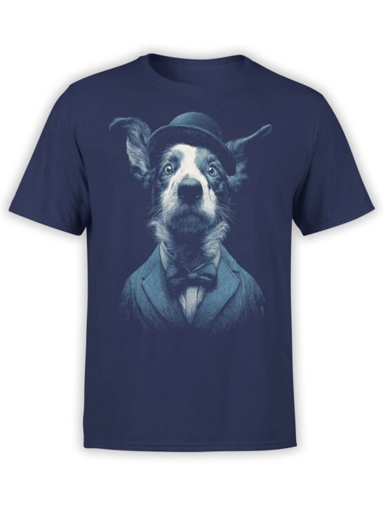 T-Shirt full view featuring Dapper Dog design with border collie in suit and bowler hat on navy fabric