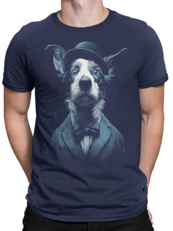 Unisex shirt on male torso featuring Dapper Dog collie portrait with classy bowler hat