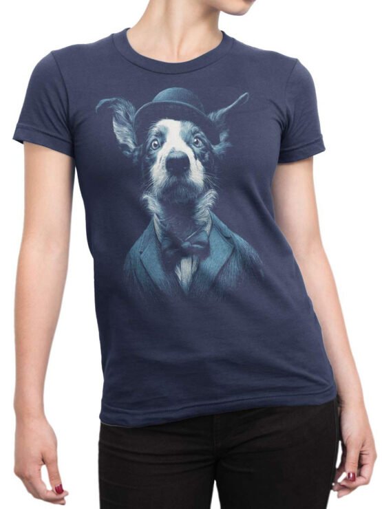 Unisex shirt on female torso styled with jeans, showcasing Dapper Dog vintage collie design