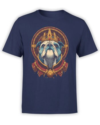 T-Shirt full view featuring Royal Pup bulldog in crown and regal armor on navy background