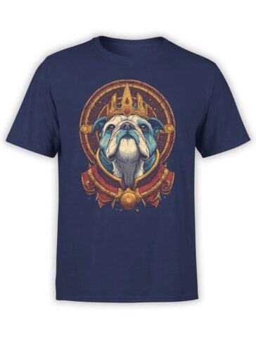 T-Shirt full view featuring Royal Pup bulldog in crown and regal armor on navy background