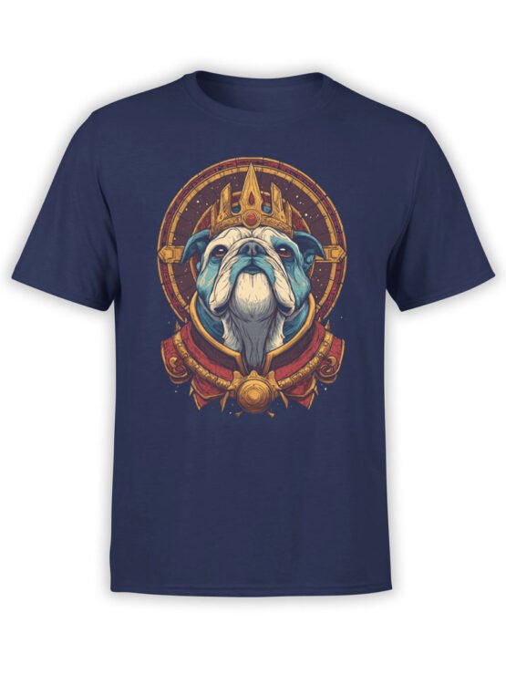 T-Shirt full view featuring Royal Pup bulldog in crown and regal armor on navy background