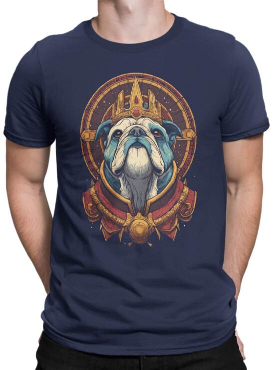Unisex shirt on male torso featuring Royal Pup bulldog with regal golden crown design