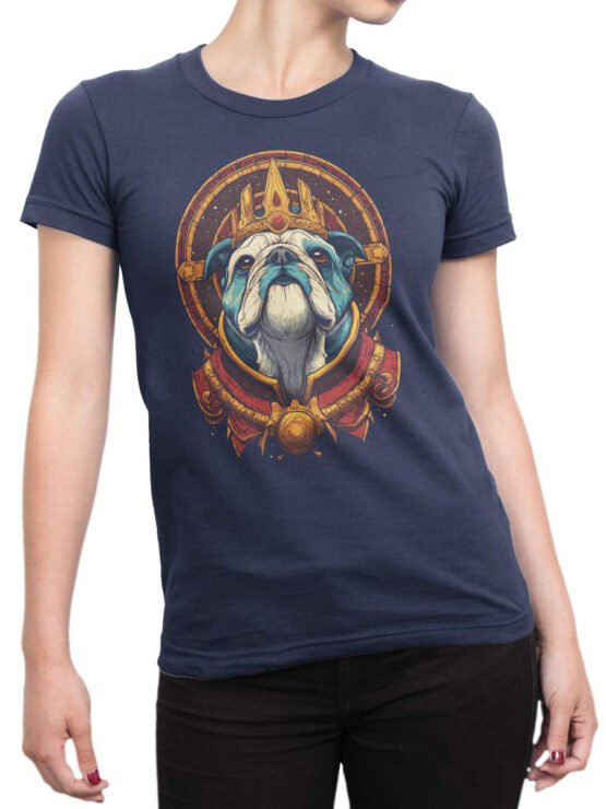 Unisex shirt on female torso styled with jeans, highlighting Royal Pup majestic bulldog graphic