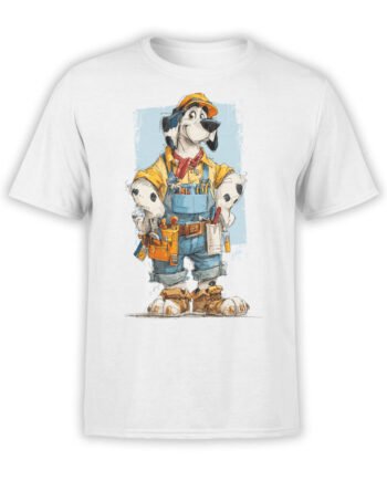 T-Shirt full view featuring Handy Hound Dalmatian in builder’s outfit and tool belt on white fabric