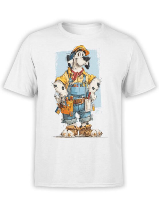 T-Shirt full view featuring Handy Hound Dalmatian in builder’s outfit and tool belt on white fabric