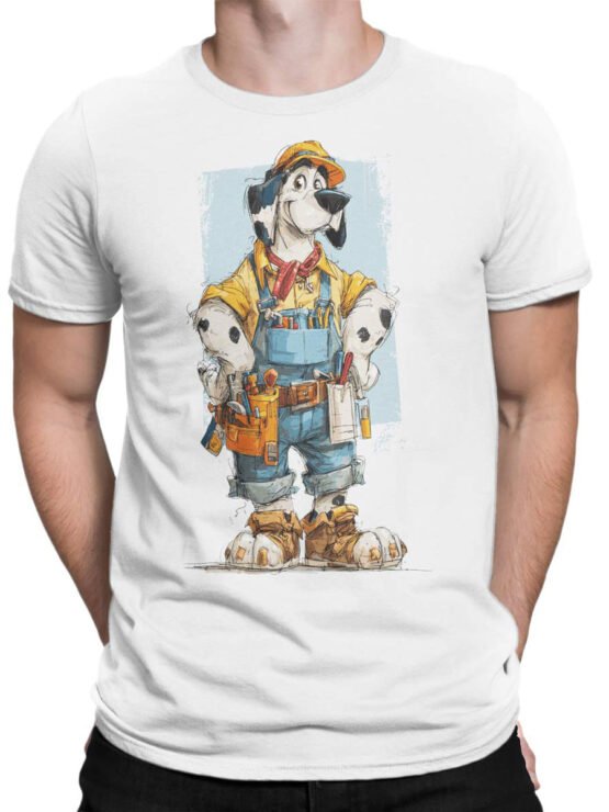 Unisex shirt on male torso featuring Handy Hound Dalmatian builder design, styled casually