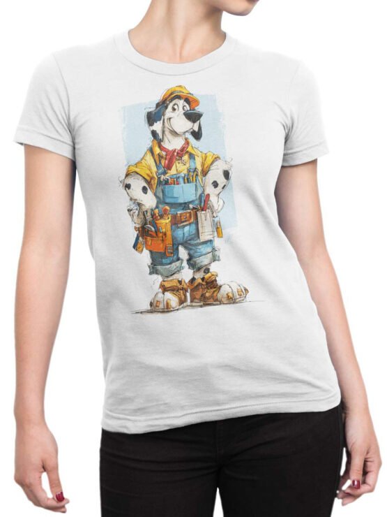 Unisex shirt on female torso with Handy Hound funny dog worker graphic, styled with jeans